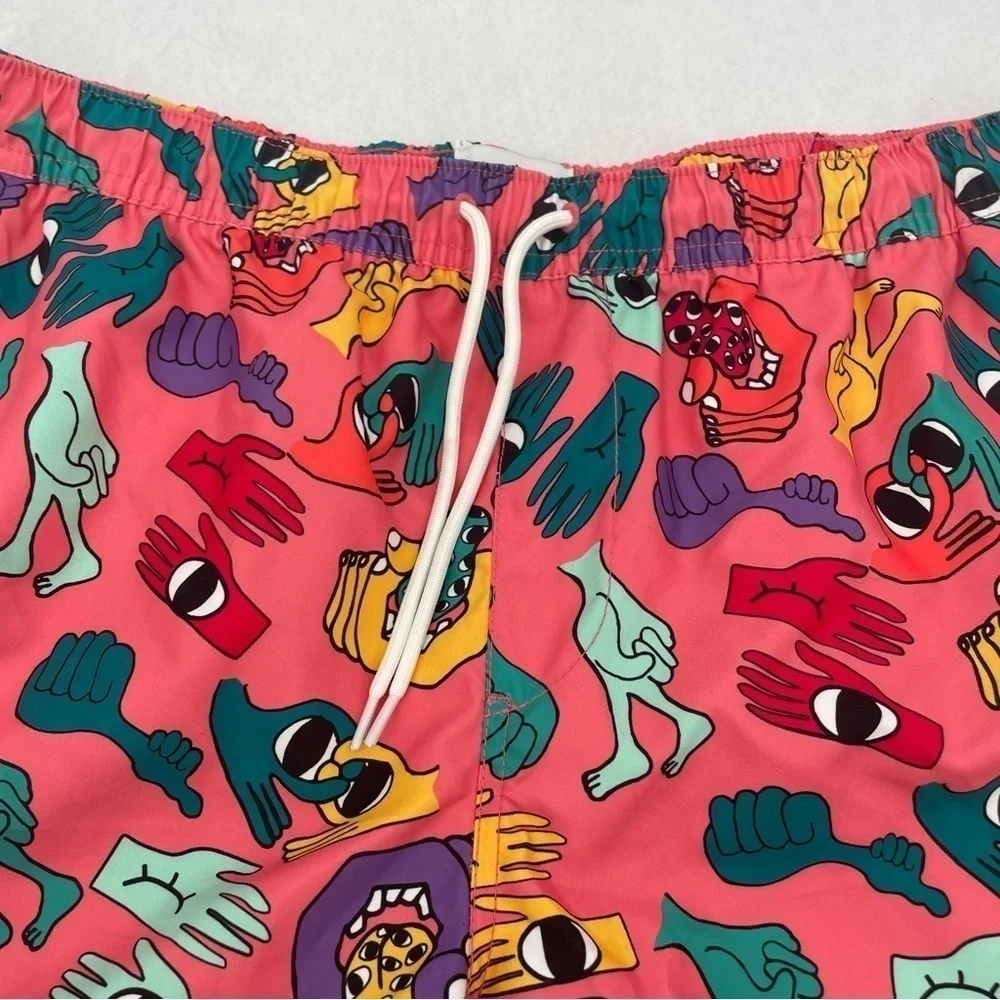 EMPYRE Men’s Swim Trunks Pink Hands/Feet print size: Large